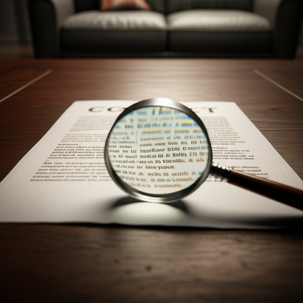 계약서와 돋보기를 통해 약정 조건을 확인하는 이미지